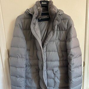 HERNO Men's Grey Down Puffer Jacket with Fur Collar - Excellent Condition